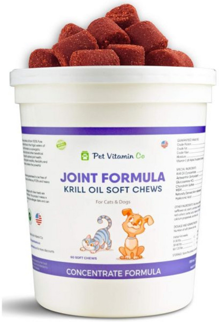 강아지 대퇴골 영양제 반려견 슬개골 개와 고양이 위 힙 앤 조인트 헬스 크릴 오일 소프트 츄 오메가 3 6 제가 풍부 스킨 코트의 이점 털 배출 미국산, 1개