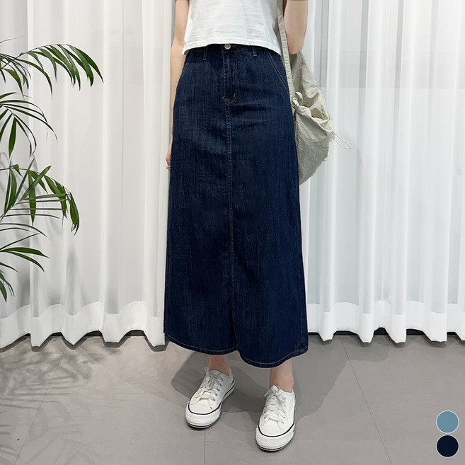 끌로이 A라인 여자 봄치마 데님스커트 롱치마 연청치마