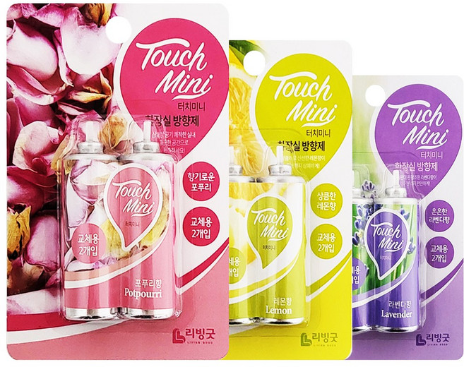 리빙굿 터치미니 화장실방향제(교체용2p) 실내용 분사 화장실방향제 터치미니리필 터치미니 터치방향제 터치필 터치미니방향제 화장실터치방향제, 1개, 13ml, 레몬 3061