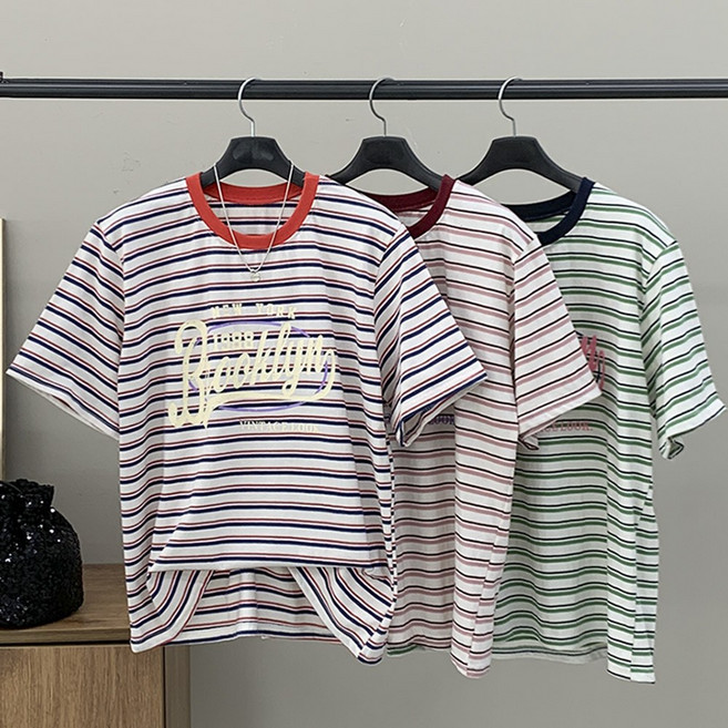 행복여 마크 레터링 배색 스트라이프 반팔 티셔츠