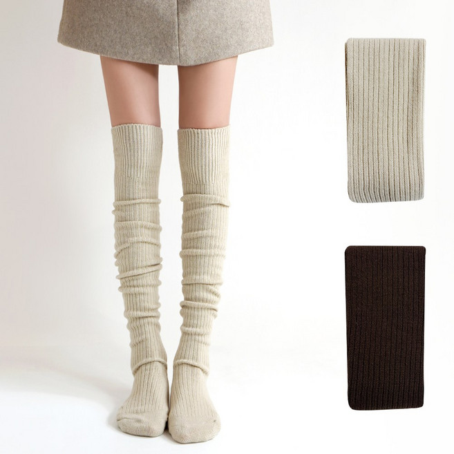 마이싹 컬러 골지 도톰 니트 오버니삭스 니하이 2켤레