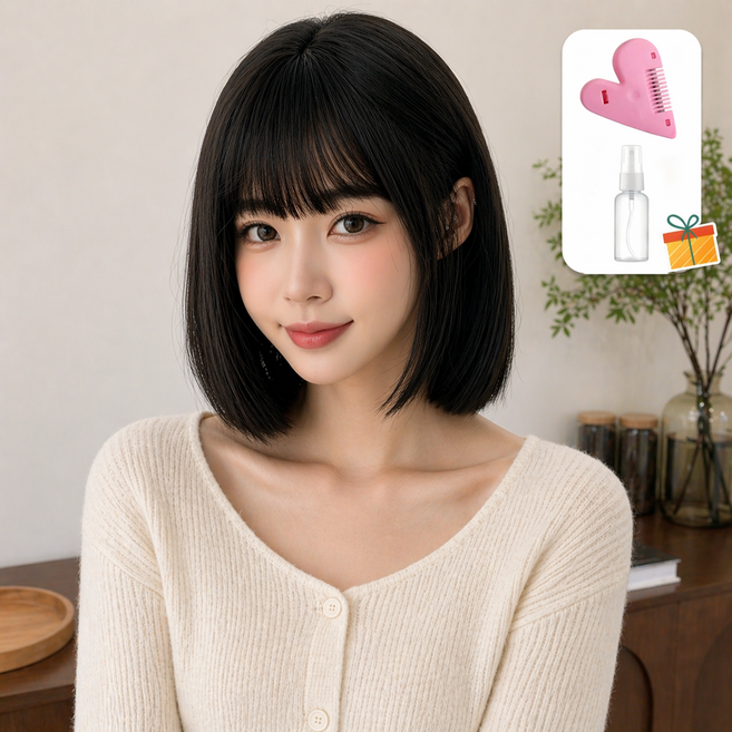 Novah 여성 단발 통가발 풀뱅 보브컷 자연스러운 데일리 레이어드 가발 32cm, 1개, 브라운블랙