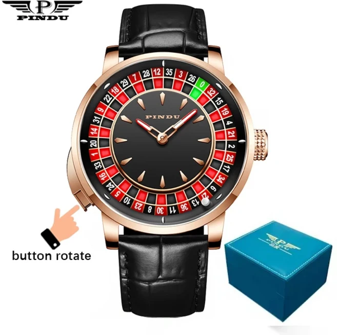 PINDU 디자인 새로운 NH35A 기계식 시계 남자 버튼 회전 러시아어 룰렛 게임 사파이어 미러 다이아몬드, 04 rose gold black