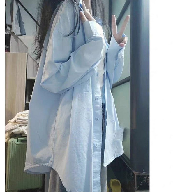 法式設計感小眾藍色襯衫疊穿襯衣女潮秋季中長款寬鬆外穿上衣外套