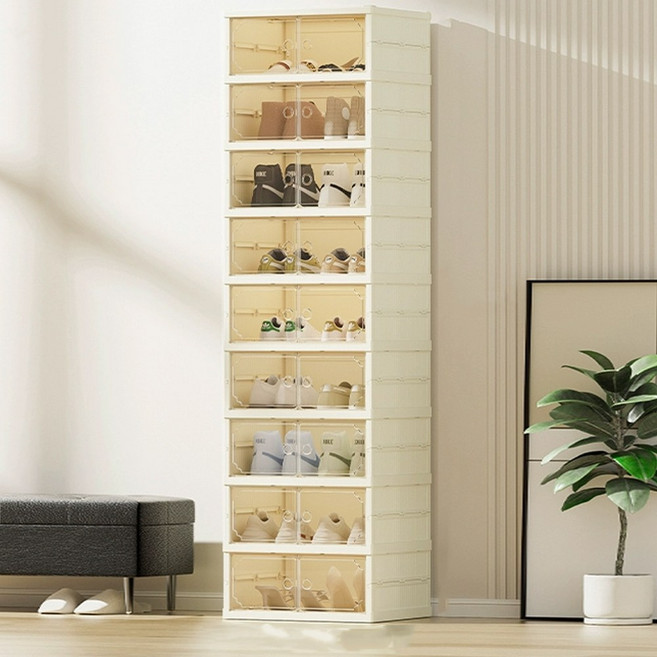 폴딩형 투명 도어 신발정리함 이중 수납박스 다용도 선반형 조립 신발장, 9단, 화이트