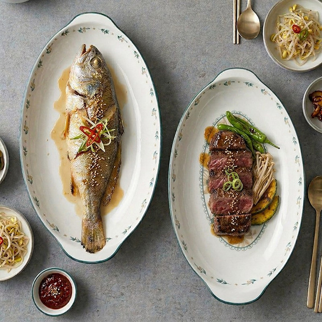 WHH 도자기 직사각 접시 생선 접시 스테이크 접시 예쁜 파스타접시, 2개, 화이트