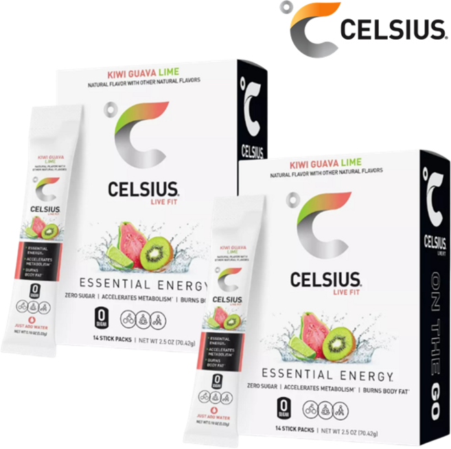 [CELSIUS] [1+1] 셀시어스 히트 워터 키위 구아바 라임 맛 14개입 + 키위 구아바 라임 맛 14개입 에너지 드링크 파우더 Energy Drink Mix