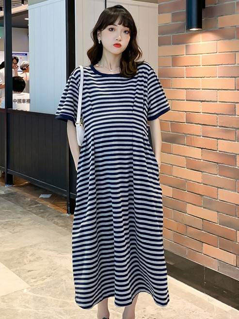DIU 孕婦裝夏裝大碼t恤長裙夏季時尚繫帶過膝寬鬆孕婦連衣裙夏天裙子