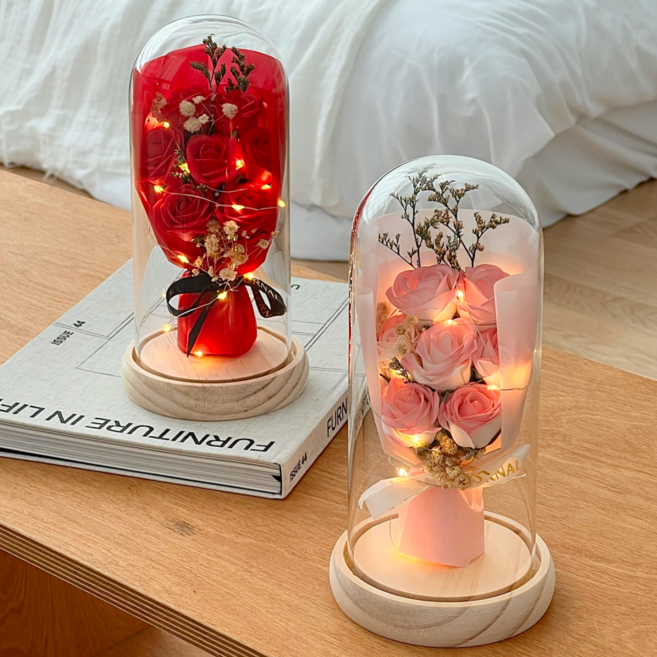 로렌드 기념일 선물 유리돔 꽃다발 + 예쁜 미니카드, 레드