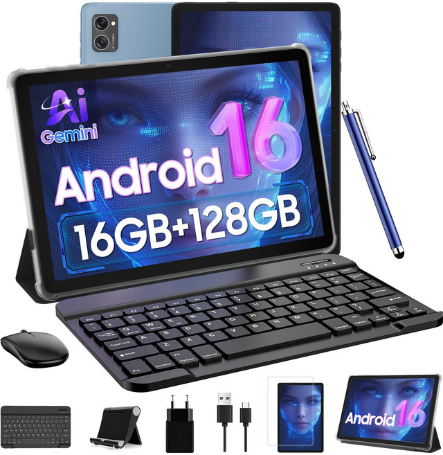 TABWEE 10인치 태블릿 최신 안드로이드 16 2026 최신 옥타코어 CPU 16GB + 128GB Widevine L1 태블릿pc 키보드 마우스 터치펜 세트, Wi-Fi, 푸른색