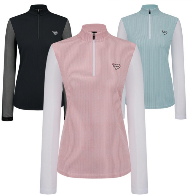 여성 잔세로줄 시스루 쉬폰 슬리브 여름 긴팔티 골프패션 메쉬 친목회