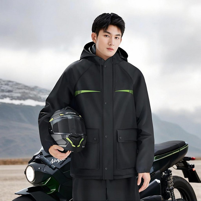 정싱 성인 오토바이 레인코트 폭우방지 우비구 방한 오토바이 라이딩 방수 우비 상하의 세트, 블랙, M