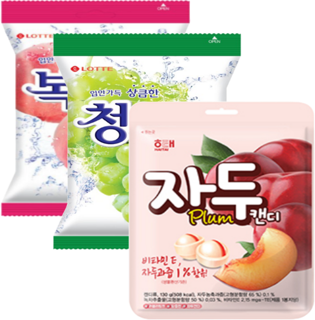 롯데 청포도캔디 153g 1개 + 복숭아캔디 해태 자두캔디 130g, 1세트, 436g