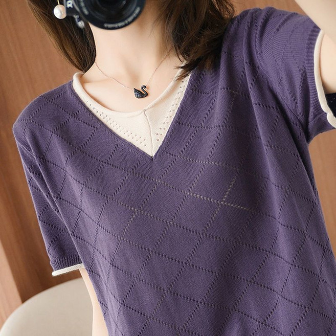 중장년 여성 아이스 니트 패션 배색 빅사이즈 브이넥 루즈핏 반팔 니트티 여름 여자 반팔 티셔츠 QXX
