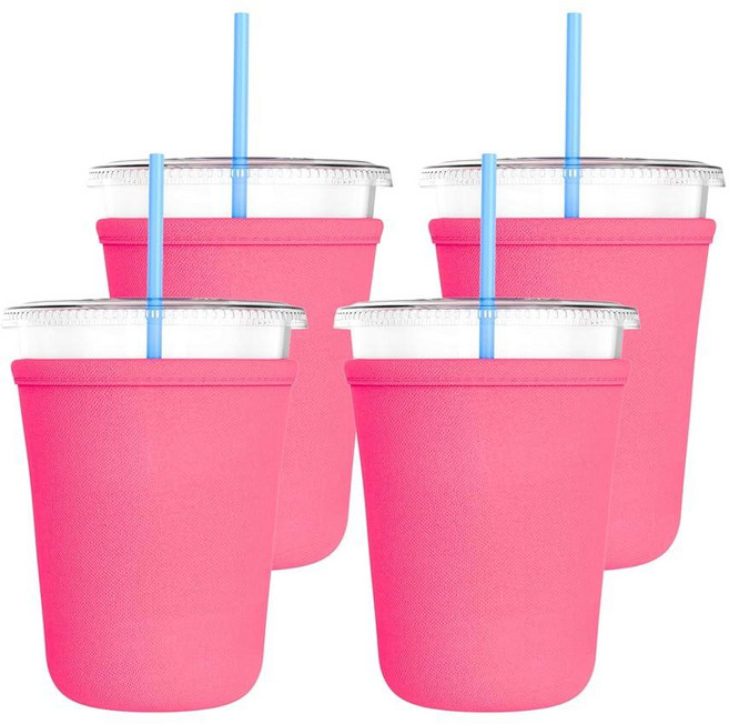 TahoeBay Iced Coffee Cold Cup Sleeve (4-Pack) Reusable Blank Neoprene Insulator Drink Sleeves 16oz, Hot Pink