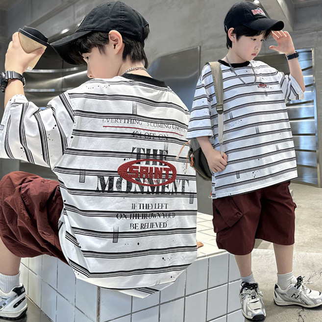 비비키드 남아 여름 초등생 영문 레터링 페인팅 스트라이프 반팔티 카고 반바지 상의 초중생 하의 세트 주니어 상의+하의 세트 (8802)