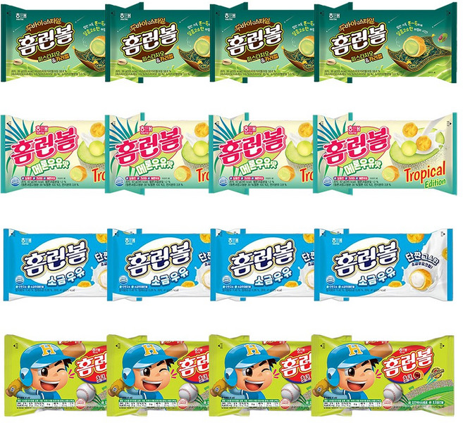홈런볼 피스타치오 카라멜39g 4p+멜론우유 43g 4p+홈런볼 소금우유 41g 4p+홈런볼 초코 41g 4p, 164g, 4세트