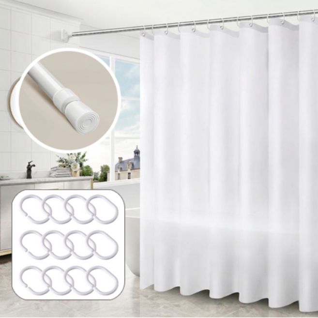 디엔오 샤워커튼세트 욕실 샤워커튼 + 샤워봉 + 커튼링 12p 1세트, 민무늬 화이트