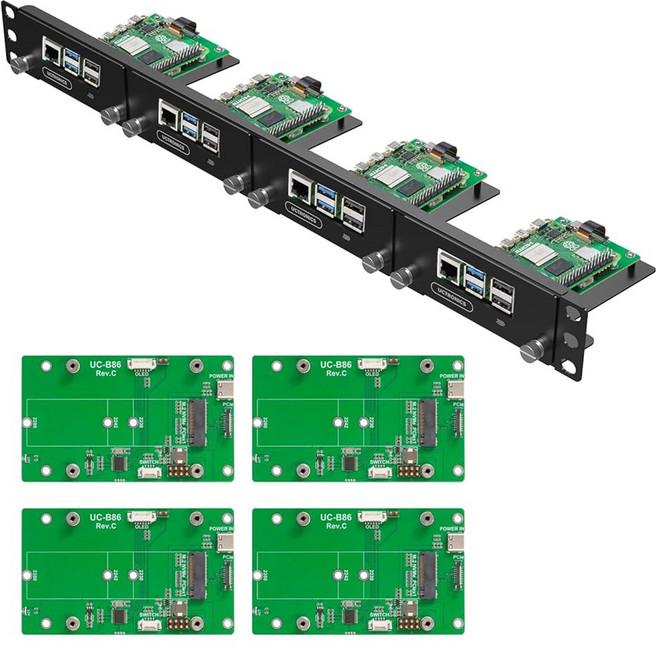 UCTRONICS 라즈베리 파이 5용 1U 랙 마운트 19인치 서버 랙 PCIe to M.2 NVME SSD 어댑터 4개 최대 4개의 Pi 5 지원, RM0014