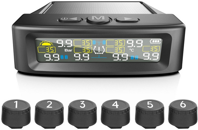 RV 타이어 압력 모니터링 시스템 TPMS 센서 6개 태양광 및 USB LCD 디스플레이 0-144 PSI 범위 6가지 모드, 표시된 대로