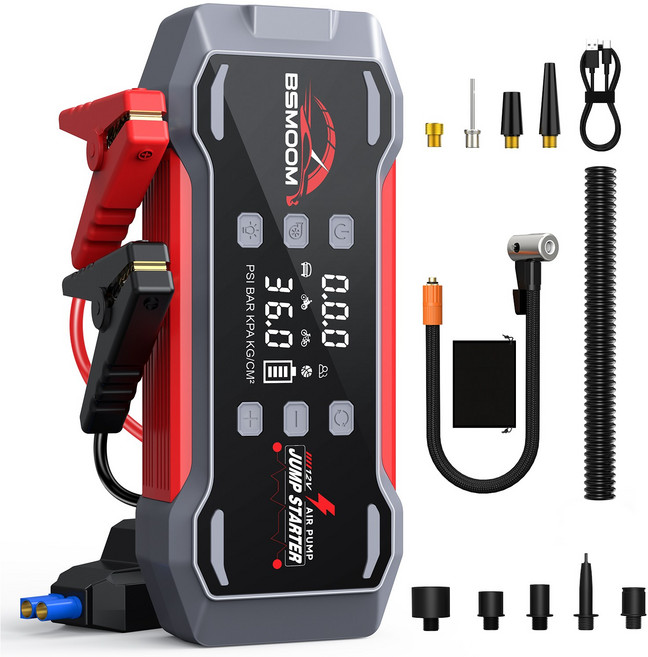 BSMOOM 3000A 자동차 긴급 시동 점프스타터 6in1 에어펌프 공기 압축기 송풍기 보조배터리 스마트 점프 케이블 12V, 1개, 8000mAh