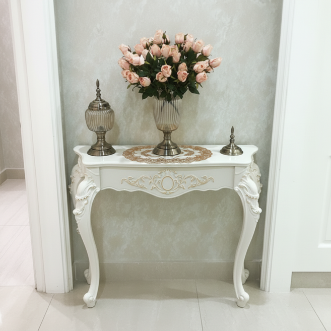 바렌느 북유럽 엔틱 콘솔 현관 복도 장식장 프렌치 빈티지 가구, 아이보리 골드