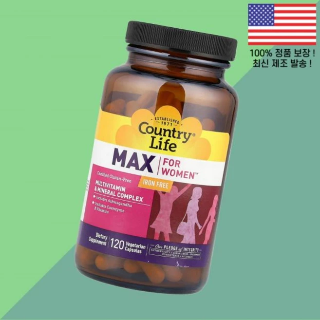 컨트리라이프 맥스 포 우먼 여성 여자 종합비타민 멀티비타민 미네랄 무철분 아이언 철 식물성 베지캡슐 120정 Country Life Max for Women Multivitam, 1개 - 쿠팡