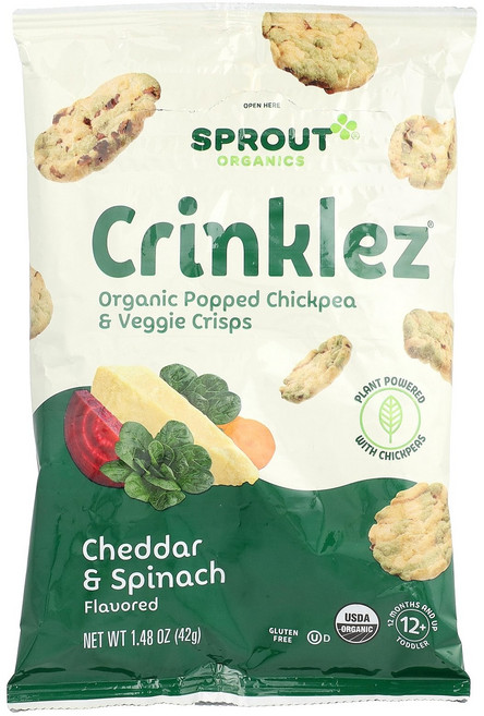 Sprout Organics Crinklez® 유기농 튀긴 병아리콩 및 베지 크리스프 12개월 이상 체다 시금치 42g(1.48oz) Organics (스프라우트 오