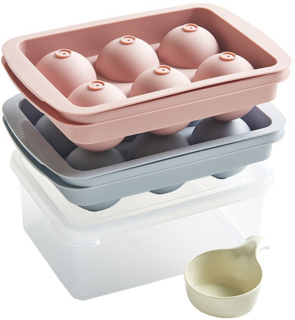 이지앤프리 아이스볼메이커 6구 2종 + 얼음 보관통 + 원형 스쿱 세트, 코랄핑크 + 스카이블루 + 투명 + 아이보리+, 1세트