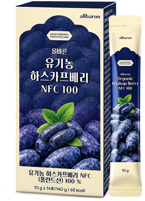 [본사정품]올바른 유기농 하스카프 베리 착즙 NFC 100% 액상 스틱 폴란드산 14포, 140g, 1박스