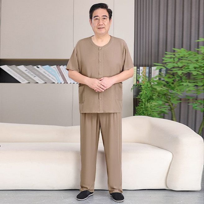 中老年男士夏季開衫薄款寬鬆睡衣 套裝