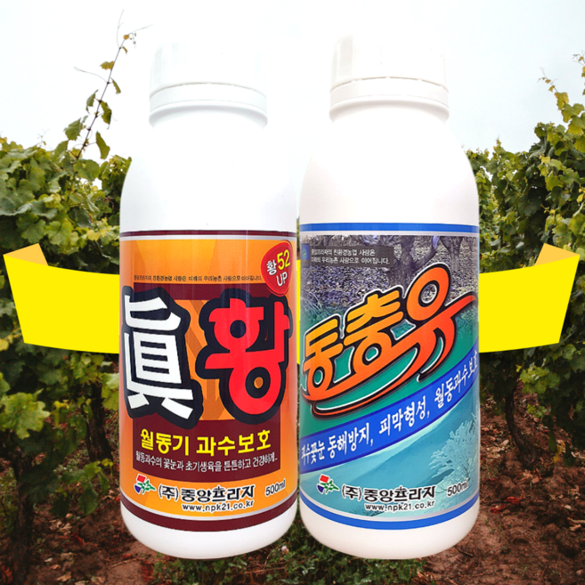 [시골생활 비료] 기계유제 과수 진황 500ml+동충유 500ml 세트 초보농부님을 위한 자세한 설명 황소독 유황 꽃눈 튼튼 파라핀유 월동 비료 석회유황합제 기계유유제 대용, 1세트