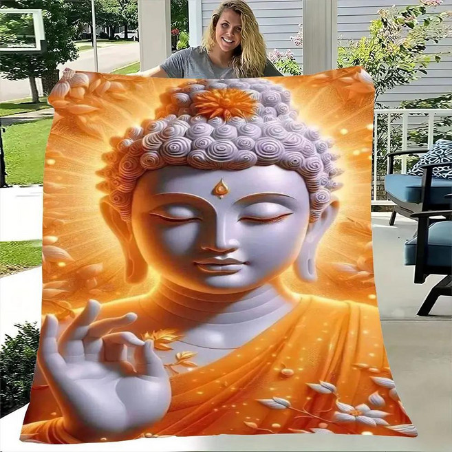 평온한 부처님 담요 회색 플리스 오렌지색 가운과 금색 꽃 장식이 평화로운 이미지 개당, 1개, 크기: 1. 75x90CM30x35inch