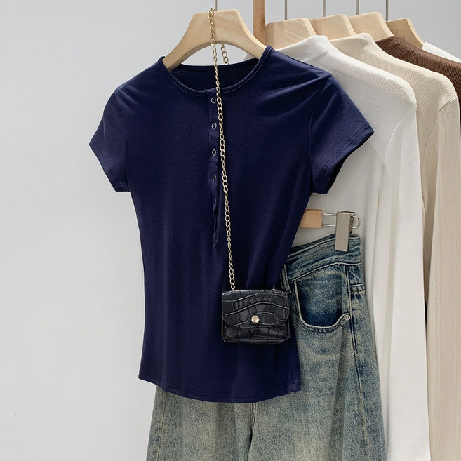 뚜니와또니 여성 텐셀 헨리넥 슬림핏 캐주얼 반팔 티셔츠