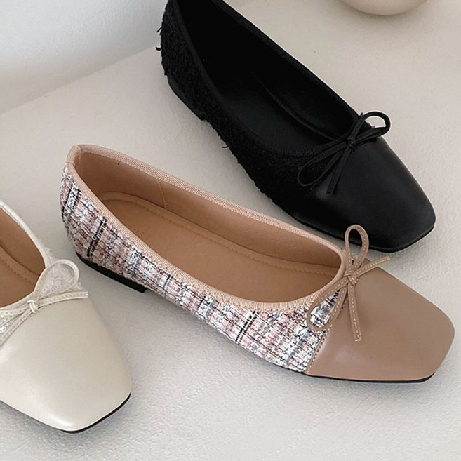 곰블리 여성 카인토 트위드 리본 플랫슈즈 단화 1cm