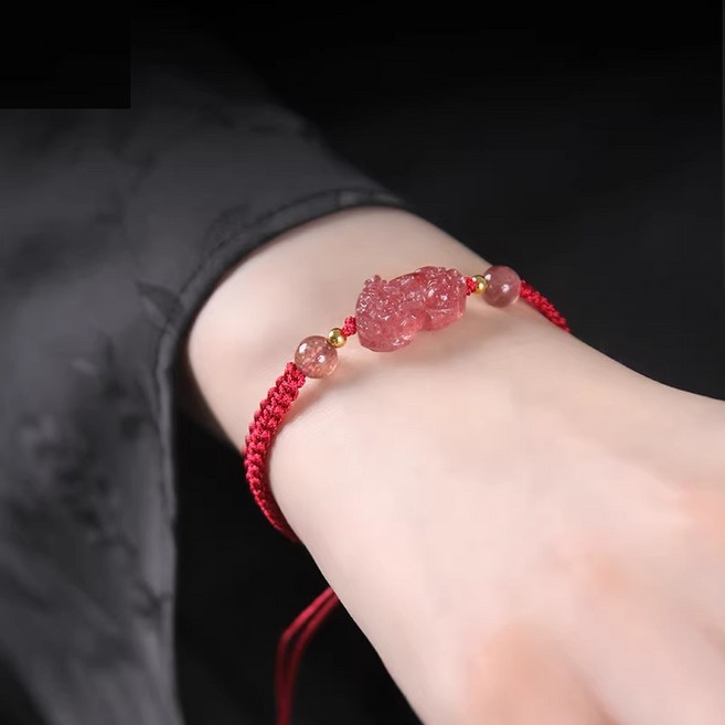 핑크 스트로우베리 팔찌 재물운 딸기수정 비휴팔찌 평안구 소원팔찌 DIY 매듭팔찌GSL0119