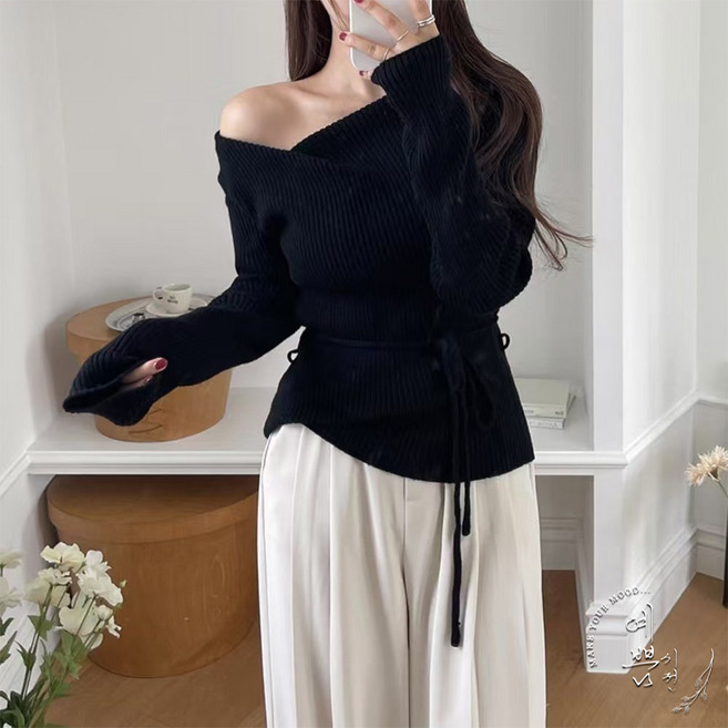 예쁨시전 봄가을겨울 청순 언발 브이넥 오프숄더 스트랩 긴팔 골지 니트