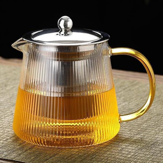 耐熱玻璃茶壺 養生壺 花茶壺 高硼硅 304不鏽鋼茶漏, 550ml直紋壺【銀色,450ml-1000ml（貼標）, 1個