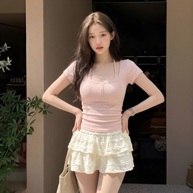 에리르 캡내장 홀터넥 반팔티 슬림핏 레이어드 반소매 티셔츠