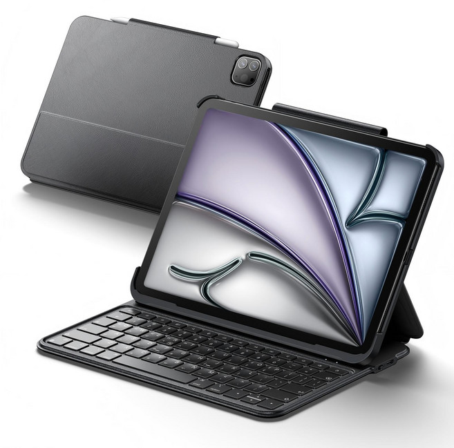 HOU 아이패드 모서리 보호 슬림 키보드 케이스 에어 11 M2 M3 에어4/5세대 프로 11 M4 펜슬 수납 키보드 케이스, 블랙, 1개