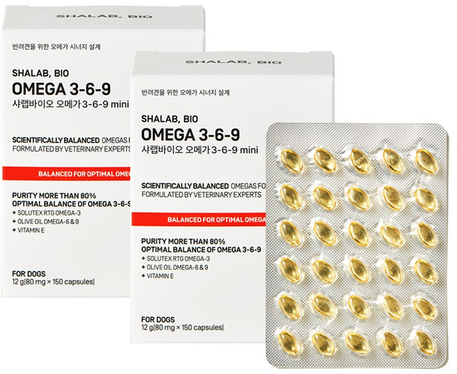 샤랩바이오 강아지 오메가 3 6 9 영양제 피부 항산화 심장 혈관 면역 미니 80mg 150캡슐 2개, 오메가 지방산