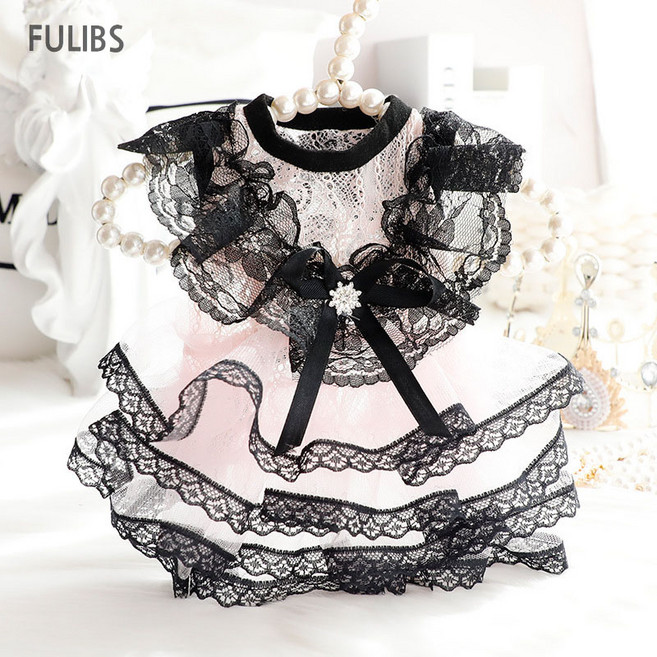 FULIBS 여름 강아지 레이스 공주 원피스 중소형 애견드레스, 블랙, 1개