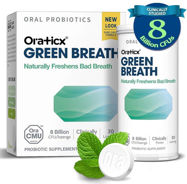 OraTicx Green Breath 구강 관리 프로바이오틱스 구취 및 건강한 입을 상쾌하게 하는 천연 지원 치과 프로바이오틱 보충제 80억 CFU 민트 맛 캔디 30개, 1