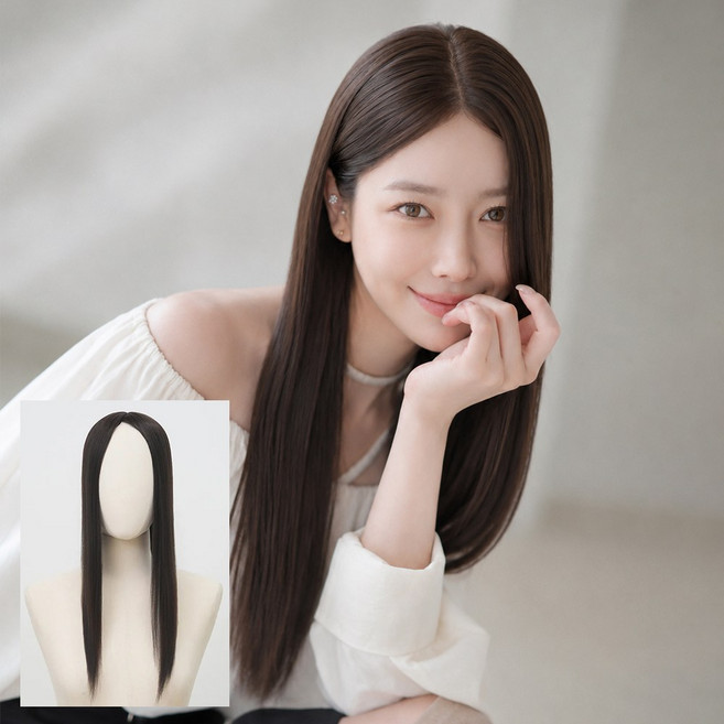 가발나라 인모 탑커버 앞머리가발 롱 스트레이트 100% 인모, 1개, 소프트뱅/내츄럴블랙/50cm