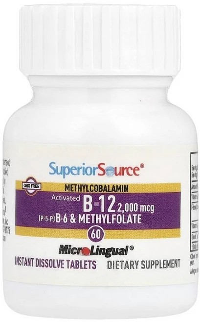 슈페리어소스 활성 비타민B12 메틸코발라민 2000mcg 비타민B6 엽산 함유 60정, 1개 - 쿠팡