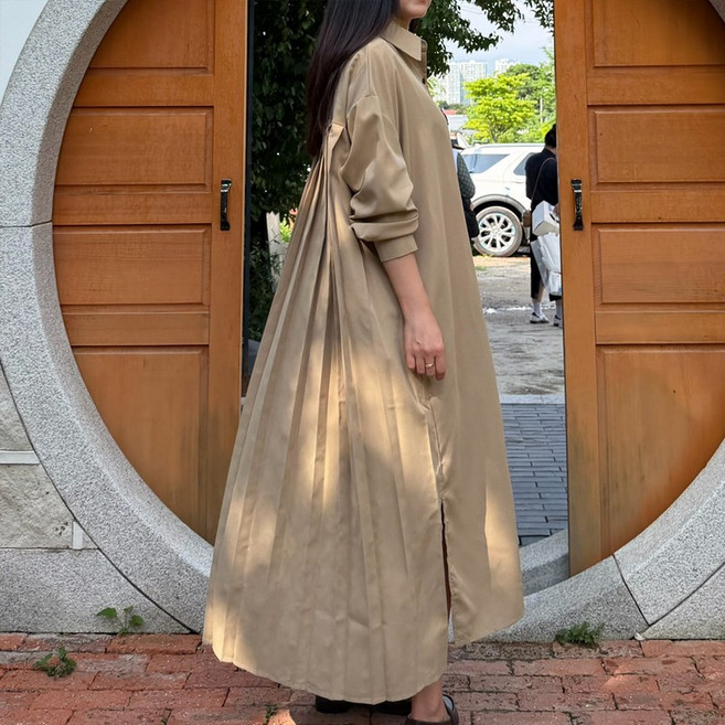 플리츠 롱 셔츠 원피스 긴팔 루즈핏 A라인 맥시 스타일