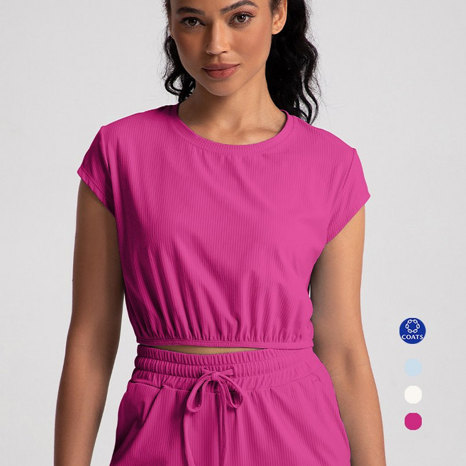 여성 필라테스 요가 헬스 반팔 골지 크롭티 브라탑일체형