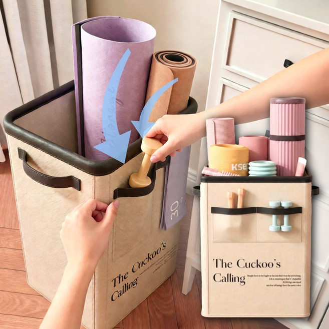 다비제 홈트레이닝 운동용품 정리함 요가매트 폼롤러 보관 바구니 다용도 수납 박스, 1개, 샌드 베이지