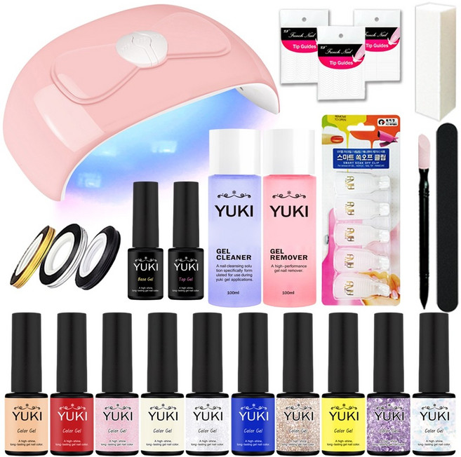 유키 젤네일 10종 + 필수 네일 용품 7종 + 54W 핑크리본 젤램프 세트, 1세트, 젤10종+탑/베이스+클리너/리무버+54W젤램프+외10종