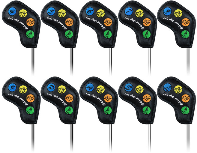 6위 - Craftsman Golf PU 가죽 컬러 자수 자석 마감 아이언 헤드 커버 10종 세트, 1세트, 블랙